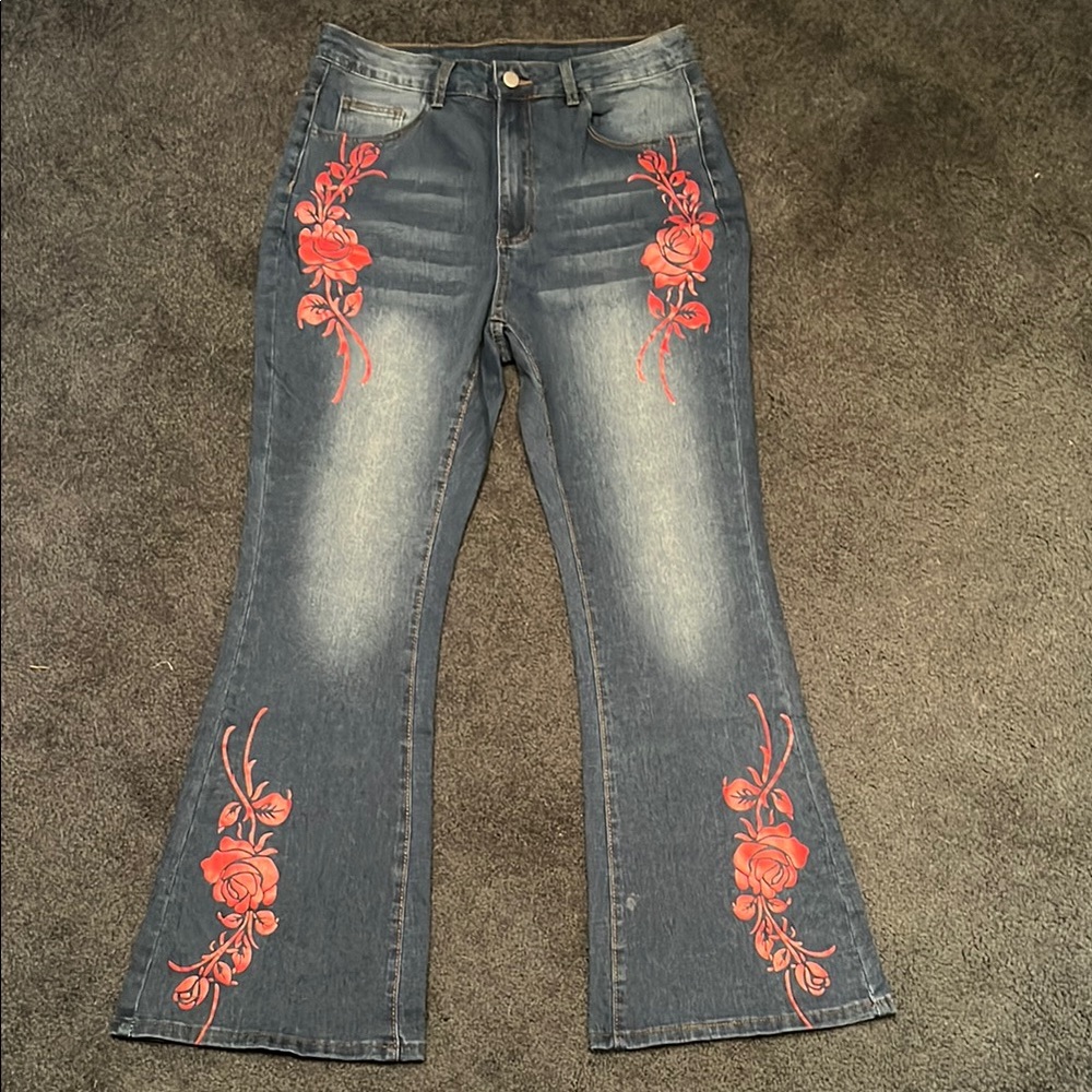 Flared Jeans with Red Floral Embroidery